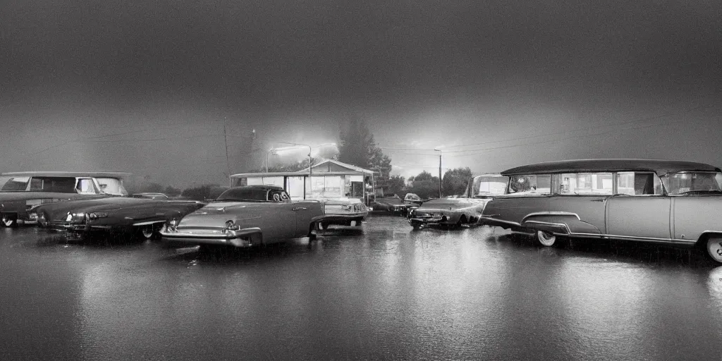 Image similar to detailed sharp photograph in the style of popular science circa 1 9 5 5 and gregory crewdson of a 1 9 5 0 s trailer park summer rainstorm