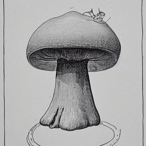 Image similar to botanical technical drawing of a rabbit sitting near a toadstool mushroom :: Cottage core :: fine detailed :: line art :: lithography :: ink detail and color