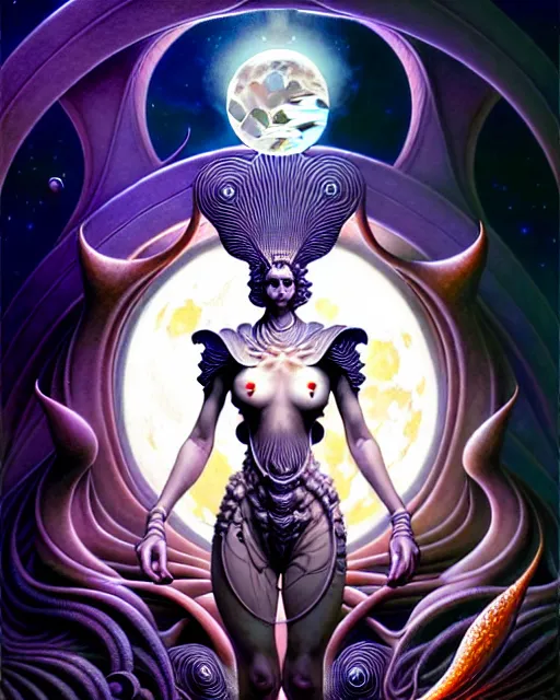 Image similar to the moon tarot card, fantasy character portrait made of fractals, ultra realistic, wide angle, intricate details, the fifth element artifacts, highly detailed by peter mohrbacher, hajime sorayama, wayne barlowe, boris vallejo, aaron horkey, gaston bussiere, craig mullins