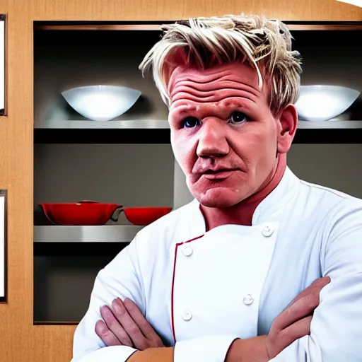 Image similar to Gordon Ramsay but as a goblin, realistic, detailed, in front of a kitchen backround