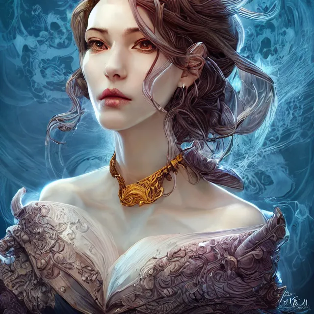 Image similar to the portrait of the lawful evil sorceress lawyer as an absurdly beautiful, graceful, elegant, sophisticated, woman, an ultrafine hyperdetailed illustration by kim jung gi, irakli nadar, intricate linework, bright colors, octopath traveler, final fantasy, unreal engine 5 highly rendered, global illumination, radiant light, detailed and intricate environment