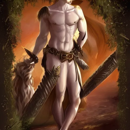 Image similar to a refined dnd satyr with flowy blonde hair, very confident wearing some leather armor and a set of pan flutes, very fancy, refined materials, trending on art station, digital art, airbrush