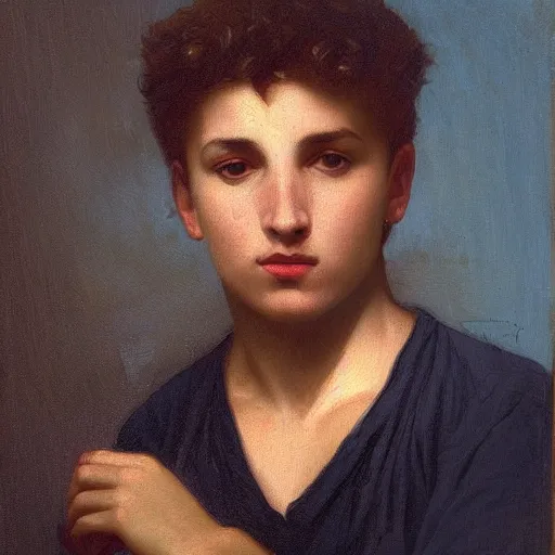 Image similar to portrait painting of young man, in the style of Sergeant and Bouguereau, masterpiece, texture, dark background, blue