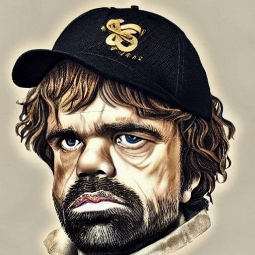 Image similar to Tyrion Lannister wearing a black baseball cap with a gold necklace that spells LEONIE, looking hiphop style painting