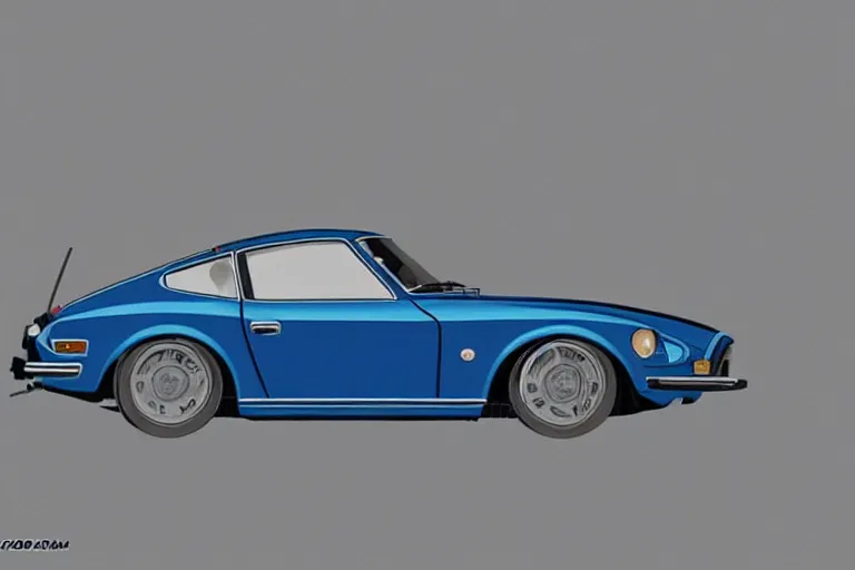 Image similar to blueprints of a blue 1975 Datsun 260Z, hyper realistic,