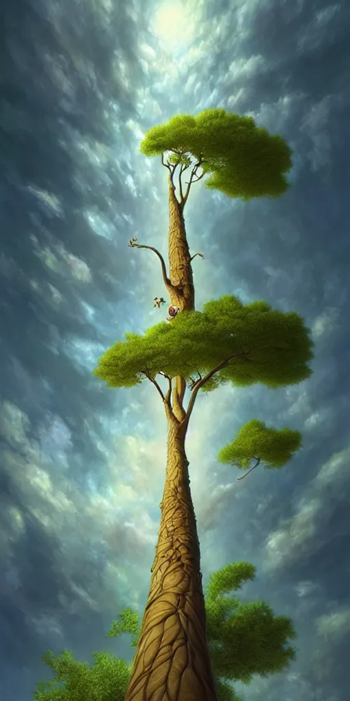 Image similar to a thin tree that reaches the clouds, low angle, ant perspective, fantasy digital painting by artgerm and leyendecker, surreal, photorealistic