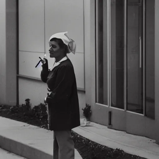 Prompt: a nurse smoking a cigarette outside a hospital during their break