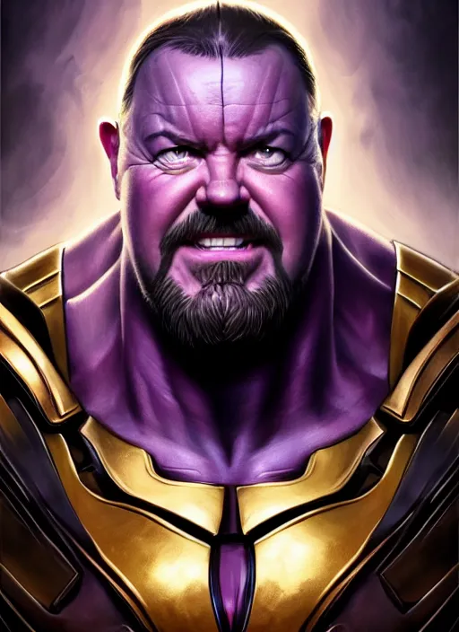 Image similar to portrait of ricky gervais as thanos, muscular! fantasy, intricate, elegant, highly detailed, digital painting, artstation, concept art, smooth, sharp focus, illustration, art by artgerm and greg rutkowski and alphonse mucha