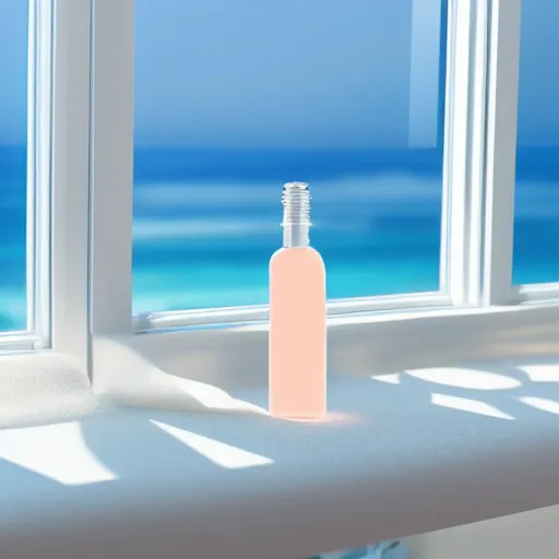 Image similar to perfume bottle on window sill in a pastel clean modern minimalist room with a view of the beach and blue skies in an easter - blue room well contoured smooth fair walls, up close shot, sharp focus, zen, clean, modern minimalist, octane highly render, 4 k, ultra hd,