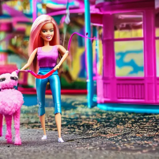 Prompt: barbie walking her dog in an abandoned amusement park