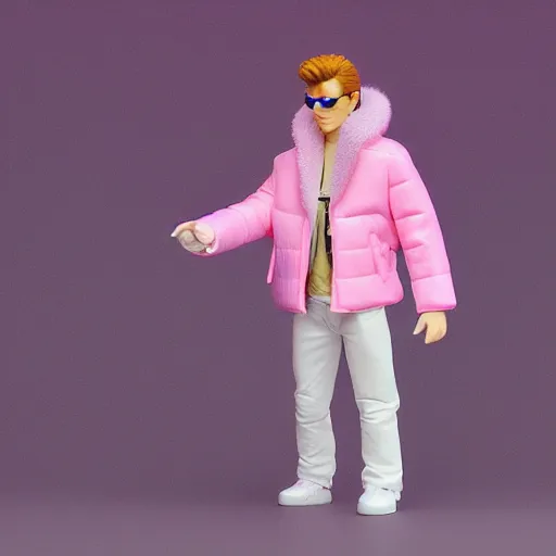 Prompt: magic mushroom, david bowie wearing pink puffy bomber jacket with white fur, nendroid, craig mullins style