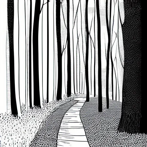 Image similar to path in the woods, vector, line art, black and white, illustration by aluna1