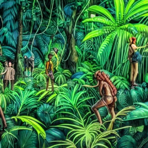 Image similar to « a group of people lost in a detailed jungle with luminescent plants and beautiful tall trees, but there is a giant worm that is hidding »