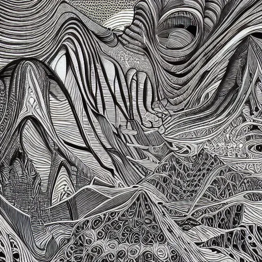 Prompt: Geometrically surreal valley, extremely high detail, photorealistic, intricate line drawings, dotart, album art in the style of James Jean