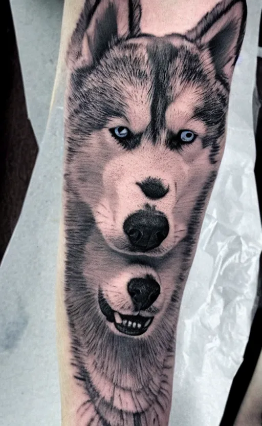 Prompt: a tattoo of a husky dog, detailed, tattoo,