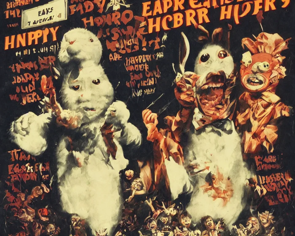 Prompt: a horror movie poster featuring the easter bunny