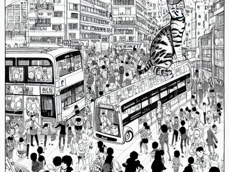 Image similar to Cat used as a bus in a busy city center, people on the bus, crowded, in the style of Manga, Eichiro Oda, hyper detailed