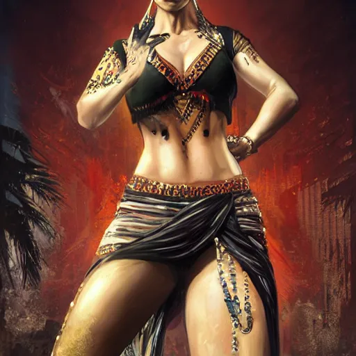 Image similar to a portrait of belly dancer, sharp claws by sandra chevrier, detailed render, epic composition, cybernetics, 4 k realistic, cryengine, realistic shaded lighting, sharp focus, masterpiece, by matteo scalera, gary montalbano, peter elson in the style of the tokyo ghost comic