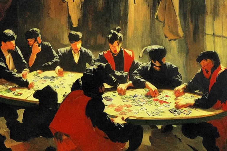 Image similar to ninjas playing poker, inside a tiny green room with red lights by joaquin sorolla, greg rutkowski, hokusai