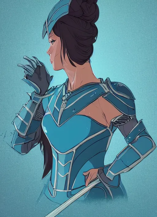 Image similar to a young woman in blue full plate armor in a dramatic pose. the armor glows, bursting with light from the decoration. clean cel shaded vector art. shutterstock. behance hd by lois van baarle, artgerm, helen huang, by makoto shinkai and ilya kuvshinov, rossdraws, illustration, art by ilya kuvshinov