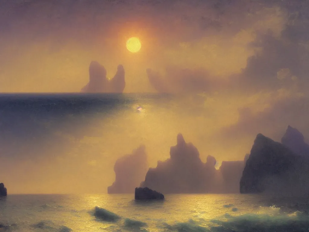 Image similar to Island at the edge of the universe, Kauai, Sunlight Study, by Albert Bierstadt and Ivan Aivazovsky, Art Nouveau, 8k