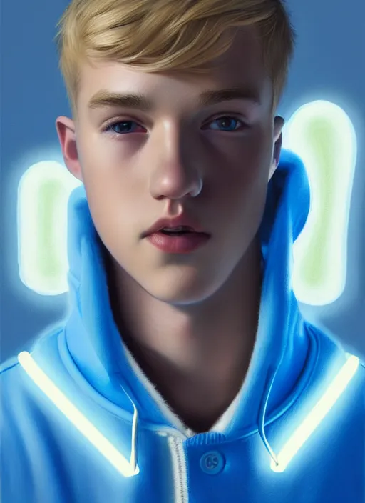 Image similar to portrait of a teenage boy named moose mason, blonde short hair, jock, beefy, square jaw, square facial structure, 1 9 5 0 s, blue varsity jacket, intricate, elegant, glowing lights, highly detailed, digital painting, artstation, concept art, smooth, sharp focus, illustration, art by wlop, mars ravelo and greg rutkowski