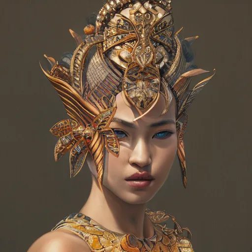 Image similar to Beautiful detailed portrait of an exotic goddess by Nick Silva, Shin JeongHo, Wandah Kurniawan, Symmetrical composition with people centered, realistic proportions, trending on artstation