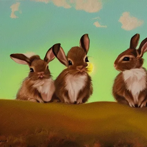 Prompt: painting of four baby bunnies an a green hill at sunset