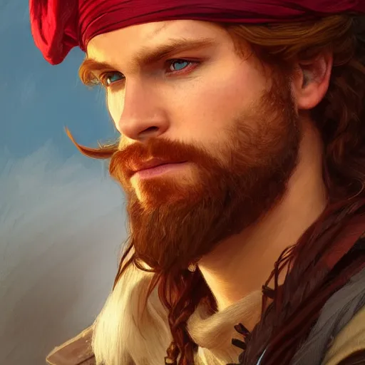 Prompt: portrait of a young pirate, male, rugged, masculine, handsome, upper body, red hair, long hair, D&D, fantasy, intricate, elegant, highly detailed, digital painting, artstation, concept art, cutscene, sharp focus, illustration, art by Artgerm and Greg Rutkowski and Alphonse Mucha