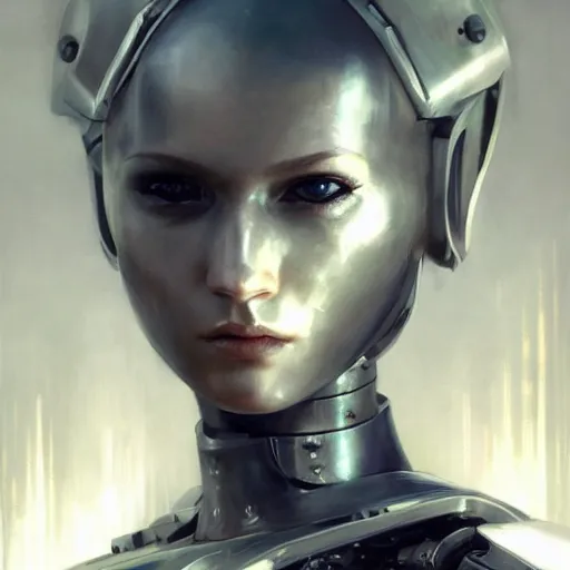 Image similar to extreme close up, facial portrait, woman in white sci - fi armor, mechanical armor, cybernetic hands, striking pose, portrait dnd, nier 2 b, painting by gaston bussiere, craig mullins, greg rutkowski, yoji shinkawa, artgerm