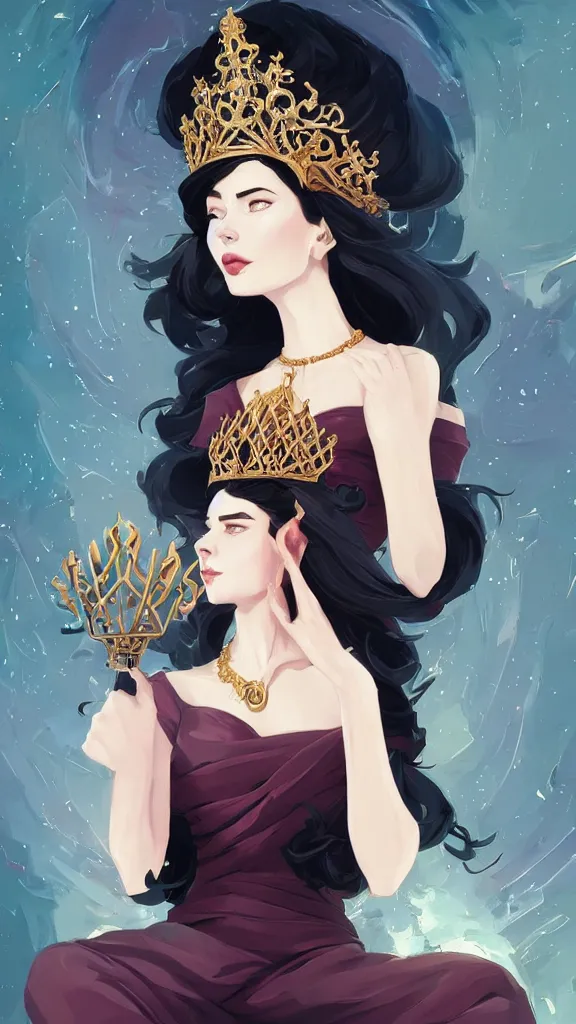 Image similar to stylized minimalist a beautiful black haired woman with pale skin and a crown on her head sitted on an intricate metal throne, loftis, cory behance hd by jesper ejsing, by rhads, makoto shinkai and lois van baarle, ilya kuvshinov, rossdraws global illumination,