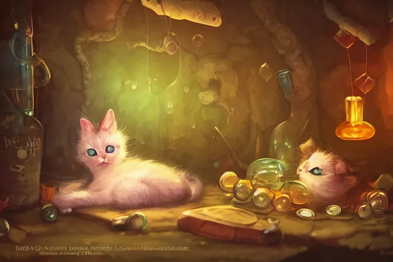 Image similar to adorable kitten curled up asleep amidst potion bottles, 8k resolution matte fantasy painting, warm lighting, bokeh, DeviantArt Artstation, by Lisa Ravenscroft and Ross Tran and Lisa Frank and Tony DiTerlizzi