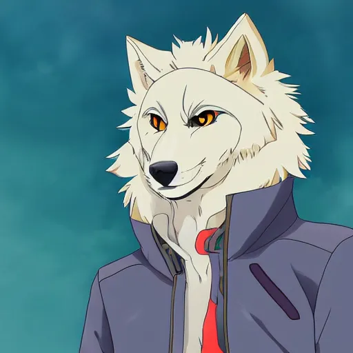 Image similar to key anime visual portrait of an anthropomorphic anthro wolf fursona, in a jacket, with handsome eyes, official modern anime art