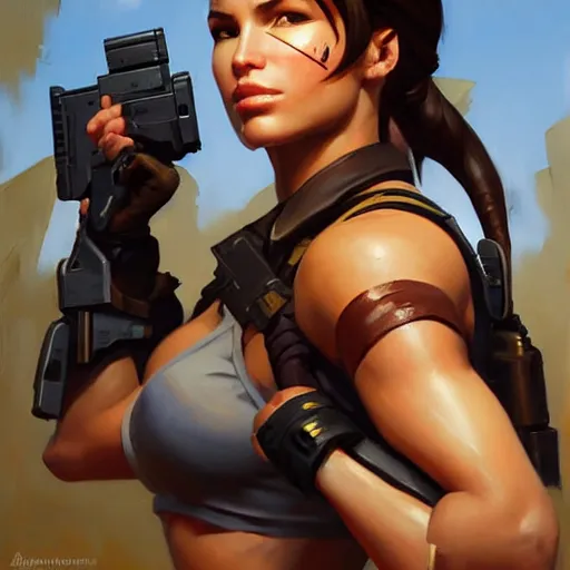 Image similar to Greg Manchess portrait painting of Lara Croft as Overwatch character, medium shot, asymmetrical, profile picture, Organic Painting, sunny day, Matte Painting, bold shapes, hard edges, street art, trending on artstation, by Huang Guangjian and Gil Elvgren and Sachin Teng