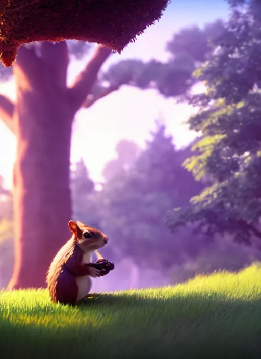 Image similar to a wholesome animation key shot of a squirrel, oak tree in the background, studio ghibli, pixar and disney animation, sharp, rendered in unreal engine 5, anime key art by greg rutkowski, bloom, dramatic lighting