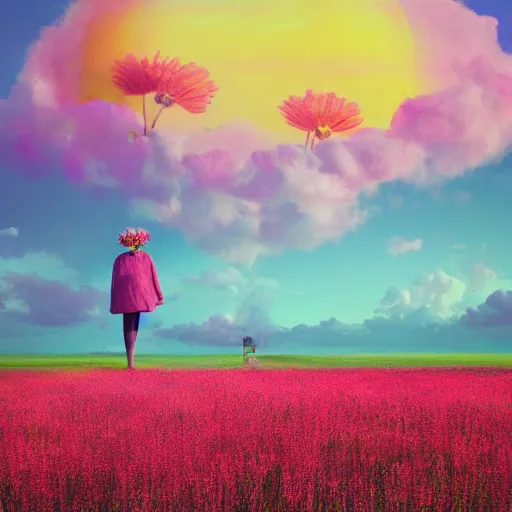 Image similar to woman with a flower head standing in flower field, surreal photography, photo manipulation, sunrise, impressionist painting, colorful clouds, artstation, simon stalenhag