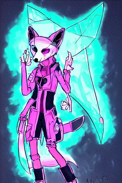 Image similar to a cyberpunk anthropomorphic fox with a fluffy tail, comic art, trending on furaffinity, cartoon, kawaii, backlighting, furry art!!!, neon, concept art