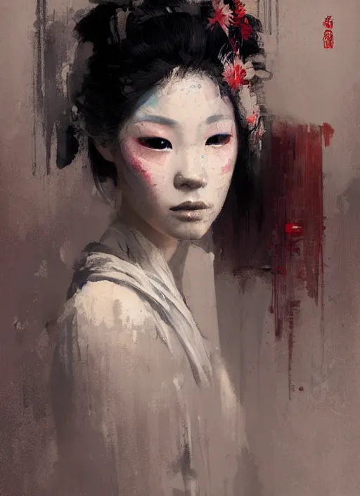 Image similar to female geisha girl, beautiful face, by greg rutkowski, by jeremy mann, digital painting