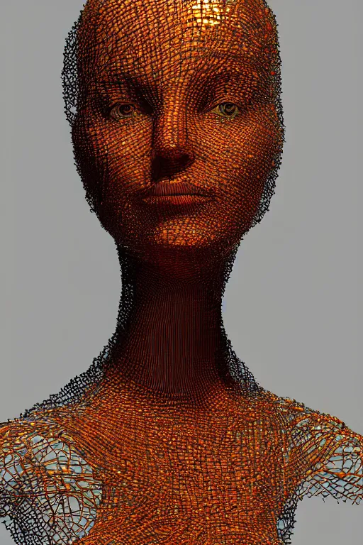 Image similar to generative art of a beautiful young woman made of 100000 thin copper wires. Made by janusz jurek inspired by januszjurek.info. houdini3d, blender. 8k 3d. Dynamic. Movement.