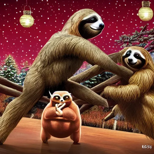 Image similar to a sloth vs reindeer kung fu style in a dojo, facing each other, aggressive sloth vs a muscled reindeer, best photo award, high quality 8 k, cinematic lighting, painting by kusama, high detail, realism : 9 5 %