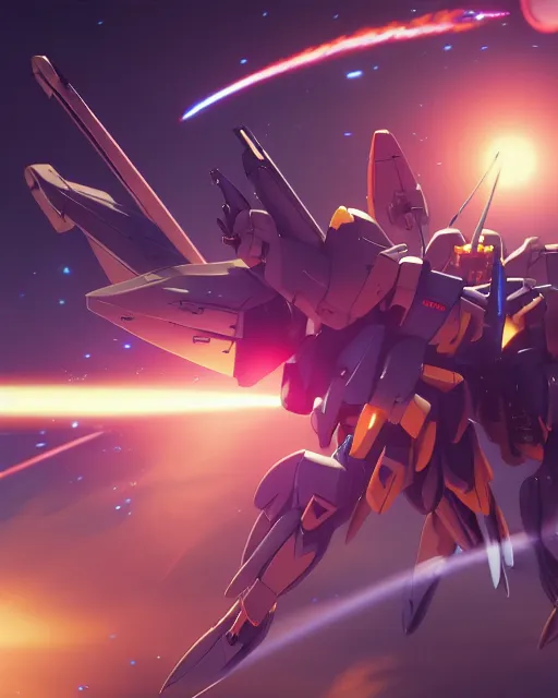 Image similar to highly detailed vfx portrait of a gundam with wings of feathers beam saber fighting in space with a beam gun, unreal engine, greg rutkowski, loish, rhads, beeple, makoto shinkai and lois van baarle, ilya kuvshinov, rossdraws, tom bagshaw, alphonse mucha, global illumination, detailed and intricate environment