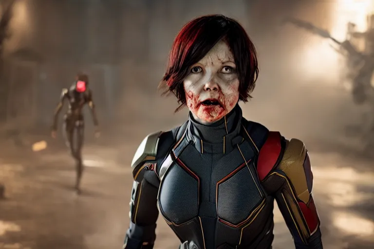 Image similar to film still of zombie zombie Hope Van Dyne The Wasp as a zombie in new avengers movie, 4k