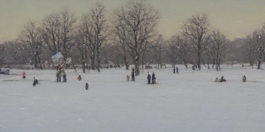 Image similar to a big circus in the snow ground, distant view ， oil painting