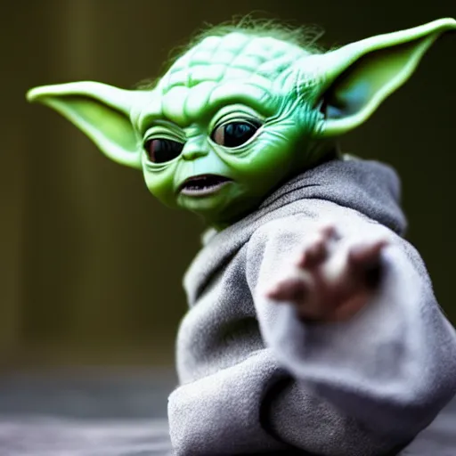 Image similar to baby yoda getting bigger, meaner and transforming into hulk, dc universe, bokeh, high quality dof