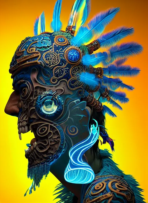 Image similar to 3 d shaman with tattoos profile portrait, sigma 5 0 0 mm f / 5. beautiful intricate highly detailed quetzalcoatl skull and feathers. bioluminescent, plasma, lava, ice, water, wind, creature, thunderstorm! artwork by tooth wu and wlop and beeple and greg rutkowski, 8 k trending on artstation,