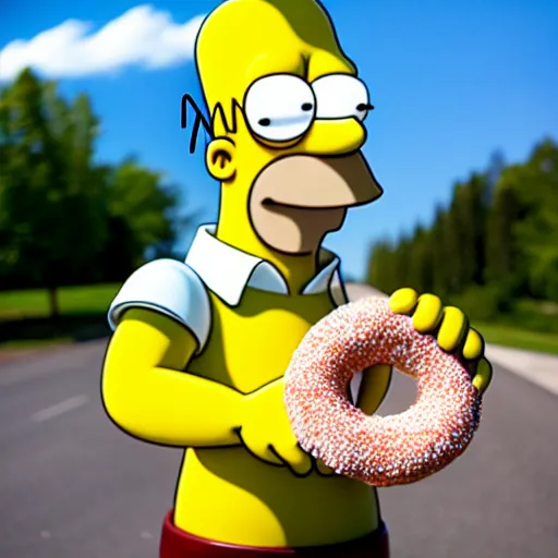 Prompt: Homer Simpson as a real person trying to steal a donut, XF IQ4, f/1.4, ISO 200, 1/160s, 8K, Sense of Depth, color and contrast corrected, Nvidia AI, Dolby Vision, in-frame