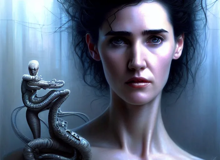 Prompt: portrait shot of young jennifer connelly in ghost in the shell, intricate, elegant, highly detailed, centered, digital painting, artstation, concept art, smooth, sharp focus, illustration, artgerm, tomasz alen kopera, peter mohrbacher, donato giancola, joseph christian leyendecker, wlop, boris vallejo