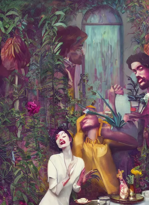 Prompt: an excited couple redefining love in a caffe surrounded by plants, expressionist painting by Francis Bacon and tom bagshaw, artstation