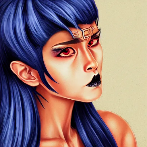 Image similar to illustrated realistic portrait of ram-horned devil woman with blue bob hairstyle and her tan colored skin and with solid black eyes wearing leather by rossdraws