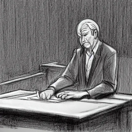 Prompt: winnie pooh at the witness stand defending himself in court. pencil court sketch. intricate. highly professionally detailed.